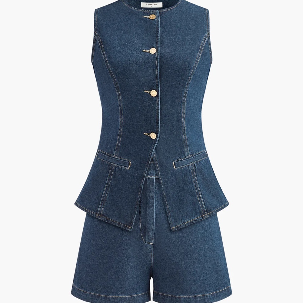 Commense Blue Denim Sleeveless Vest and Shorts Set